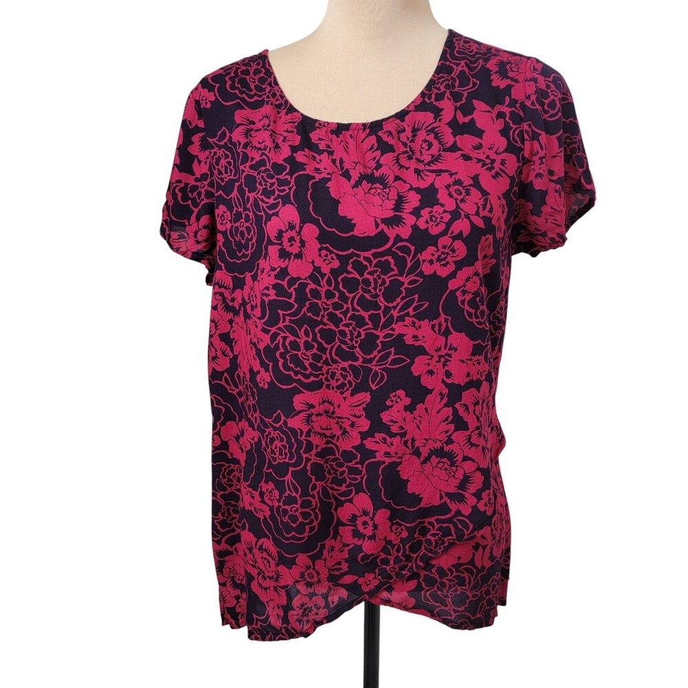 GAP Size M Navy Blue and Hot Pink Floral Patterned Short Sleeve Blouse